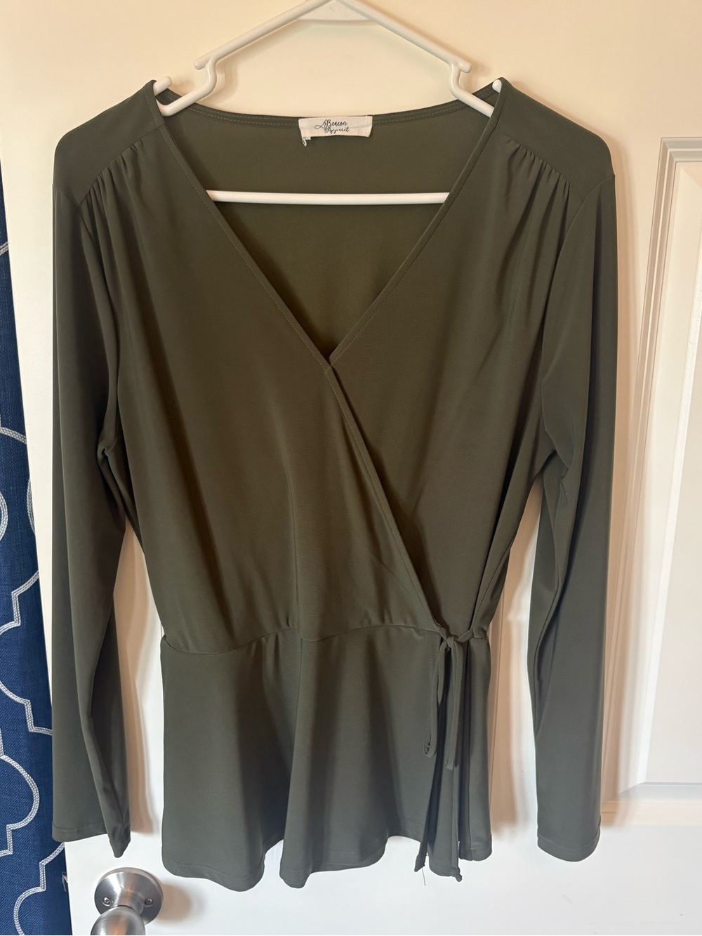 Beacon Olive Wrap-Front Long Sleeve Blouse